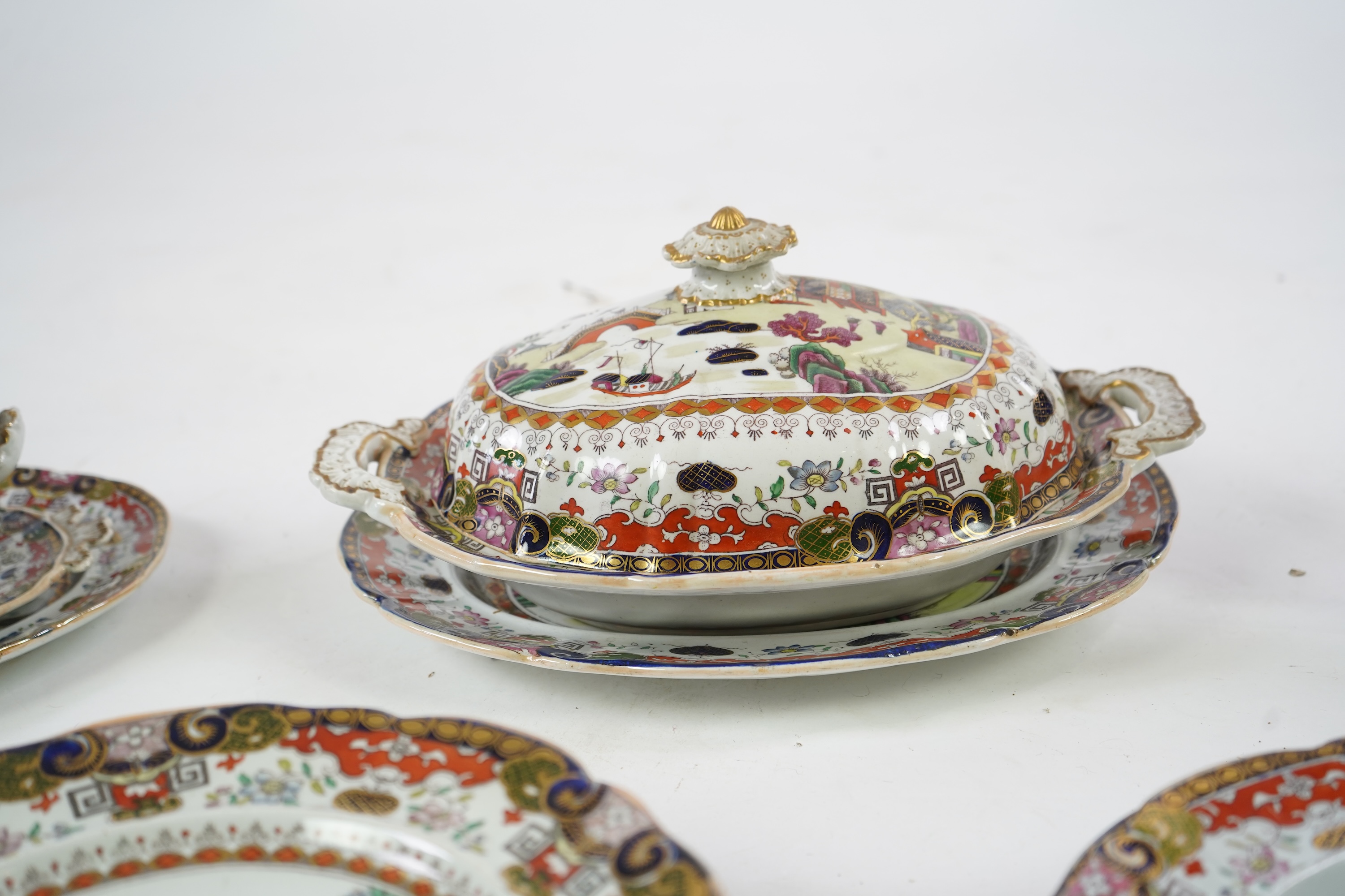 A Masons ironstone landscape pattern part dinner service, first half 19th century